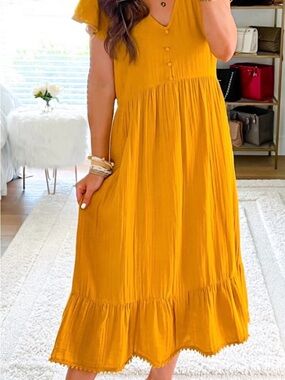 Women's Mustard Tiered V-Neck Midi Dress